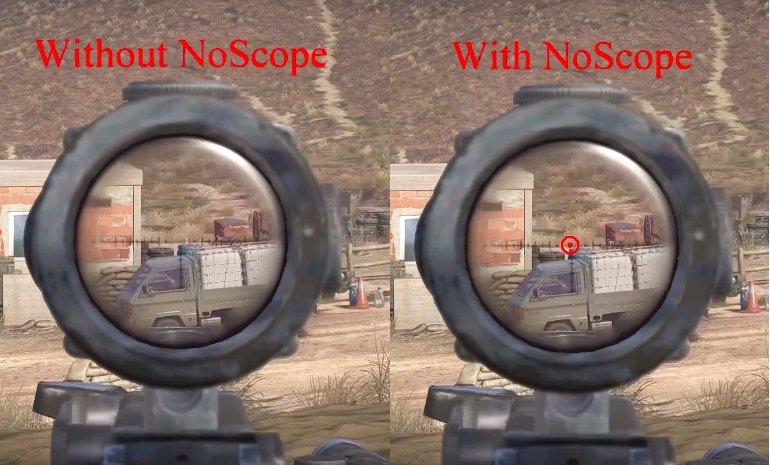 Scoped shot without NoScope on the left and with the NoScope reticle on the right